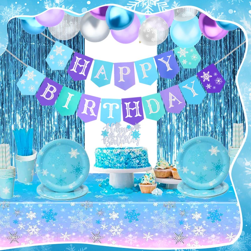 BAHABY 55 Pcs Frozen Birthday Party Decorations Frozen Party Supplies, Snowflake Happy Birthday Banner + Table Cover + Tinsel Foil Fringe + Cake Topper + Balloons - Image 4