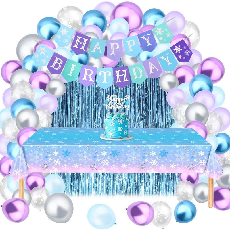 BAHABY 55 Pcs Frozen Birthday Party Decorations Frozen Party Supplies, Snowflake Happy Birthday Banner + Table Cover + Tinsel Foil Fringe + Cake Topper + Balloons - Image 2