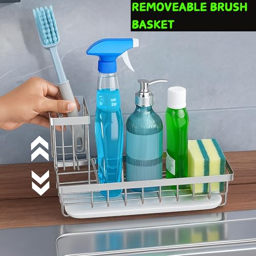 YUMUN Ultra Large Strong| Sink Organizer | Kitchen Sink Organiser | Soap Stand for Kitchen | Stainless Steel Sink Caddy | Kitchen Accessories | with Brush & | Sponge Holder | Cup & Drain Tray - Image 2