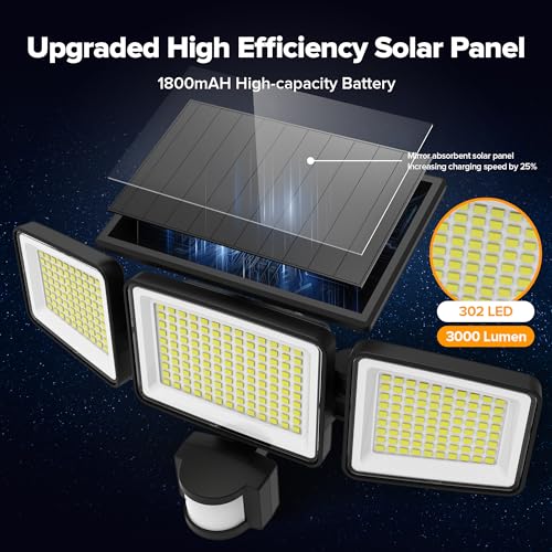 UME Solar Outdoor Lights 302 LED 3000LM, IP65 Waterproof Motion Sensor Outdoor Lights, 3 Heads Solar Security Flood Lights 270 Wide Lighting Angle with 3 Modes for Garden Patio Yard - Image 3