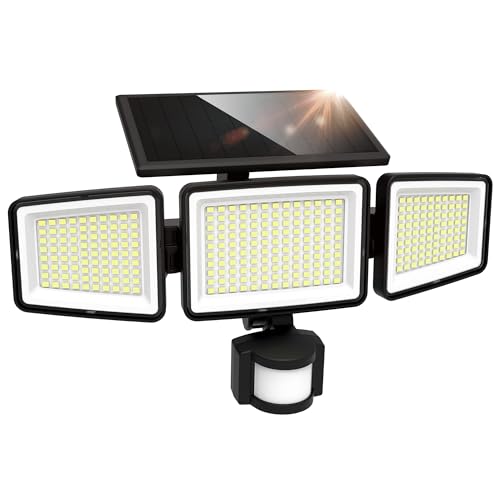 UME Solar Outdoor Lights 302 LED 3000LM, IP65 Waterproof Motion Sensor Outdoor Lights, 3 Heads Solar Security Flood Lights 270 Wide Lighting Angle with 3 Modes for Garden Patio Yard - Image 1