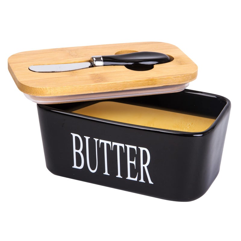 Butter Dish with Cover and knifeCeramics Butter Container with Bamboo Lid for CountertopLarger Butter Dishes with Covers Perfect for East West Coast ButterBlack with Words