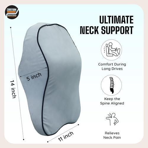 CareFoam Ultimate Memory Foam Car Neck Rest Pillow, Comfortable Rides, Superior Neck Support Cushion, Relieves Neck Pain, Grey Velvet Cover | 14 x11 x5 Inch | Large Pack of 1 - Image 3