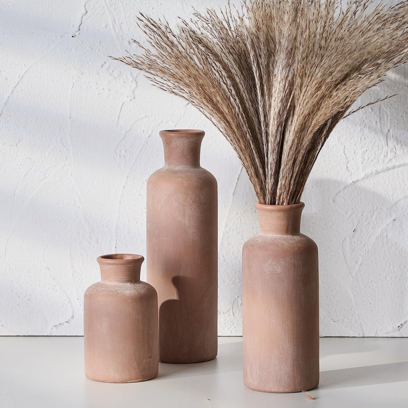 LUKA Ceramic Rustic Farmhouse VaseTerracotta Vases for DecorVase Set of 3Vases for Your BedroomOfficeLiving RoomFireplaceBookshelf DecorHousewarming 10755 Inch