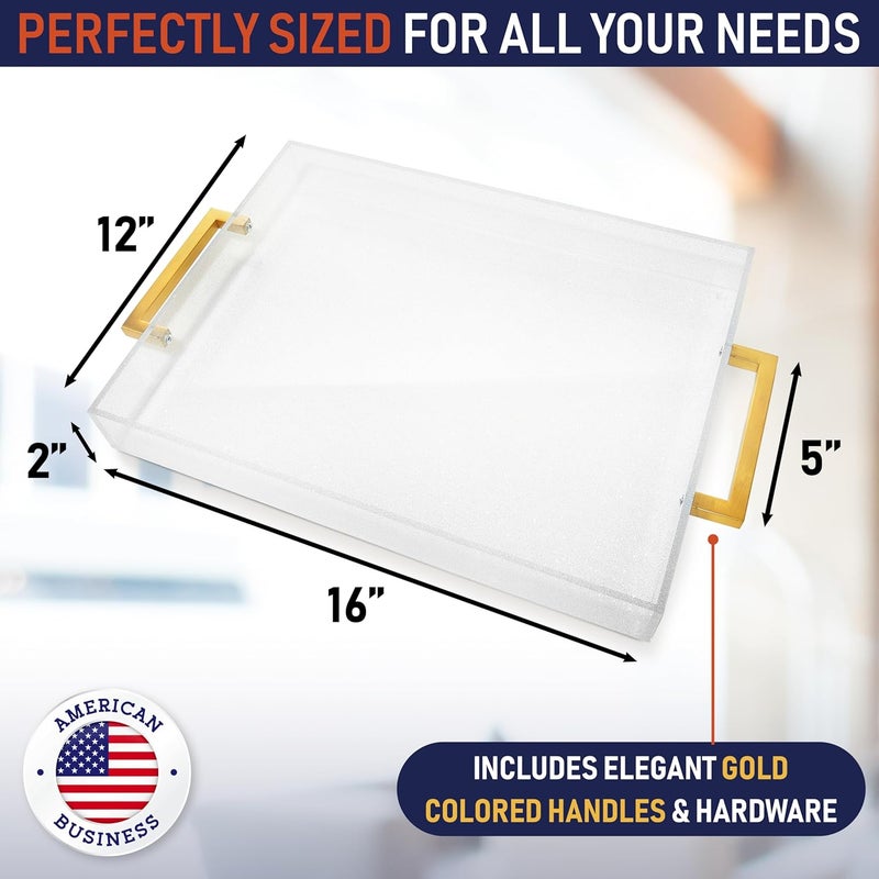 Dasher Products صينية تقديم أكريليك بمقابض ذهبية 16 × 12 صينية زخرفية لطاولة القهوة مقاومة للانسكاب لخدمة الطعام والشراب متعددة الاستخدامات للاستخدام على الأريكة والمطبخ وخزانة الزينة والحفلات واضحة لامعة - Image 2
