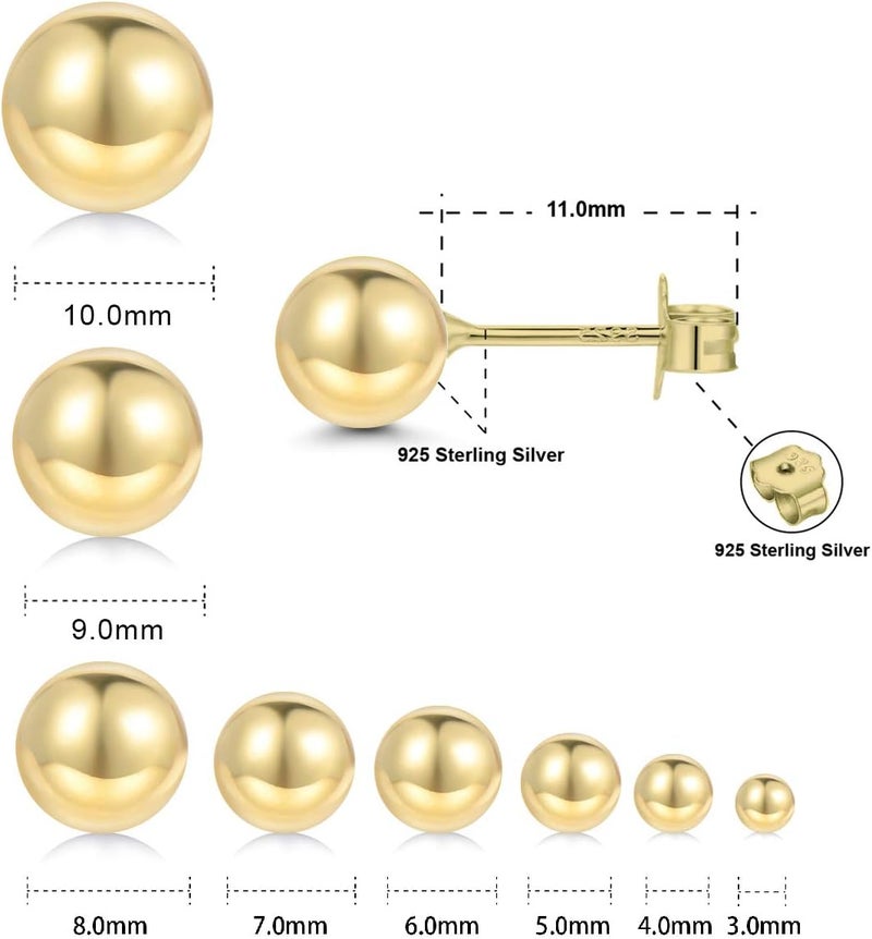 CUTEFEEL Store 18K Gold Plated Sterling Silver Ball Stud Earrings 3mm-10mm Options, Simple Polished Ball Studs Hypoallergenic Jewelry - Image 2