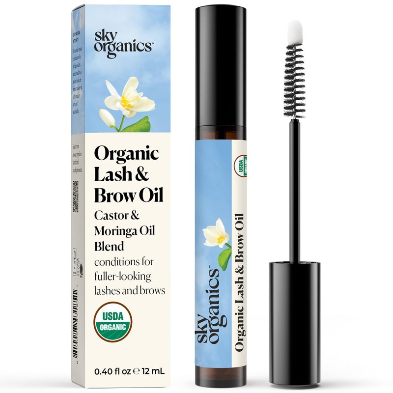 Sky Organics - Organic Lash & Brow Oil & Applicator - Eyelash Serum - Castor Oil Organic - Moringa, Amla, Vitamin E - Lashes, Eyebrows - Hair Oil - Self Care, Beauty - Gifts for Women - .4 fl oz, 12mL - Image 1
