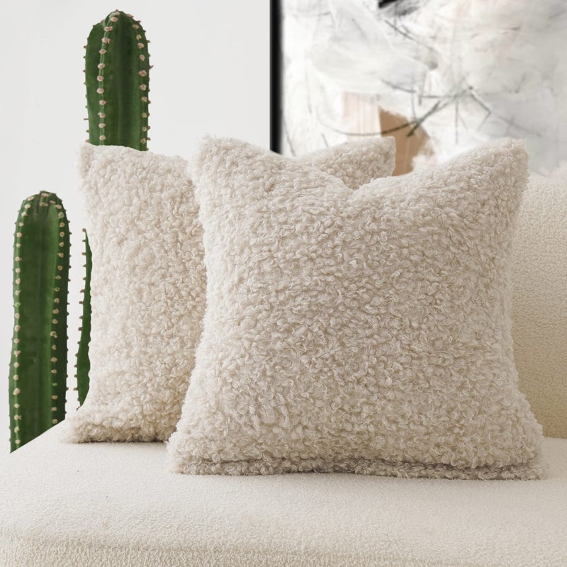 Foindtower Foindtower 2 Pieces 20x20 Inch Neutral Cream  Faux Fur Throw Pillow Cover Accent Sherpa Pillow Fuzzy Soft Pillowcases Sheepskin Decorative Fleece Cushion Case for Bed Couch Living Room  - Image 1