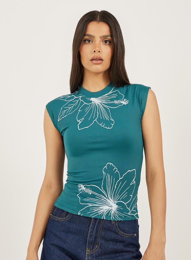 Styli Floral Graphic Print Ribbed Fitted Tank  - Image 1