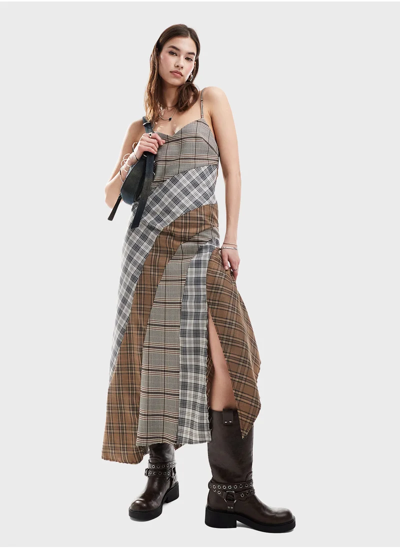 Reclaimed Vintage Asymmetric Checked Side Slit Dress