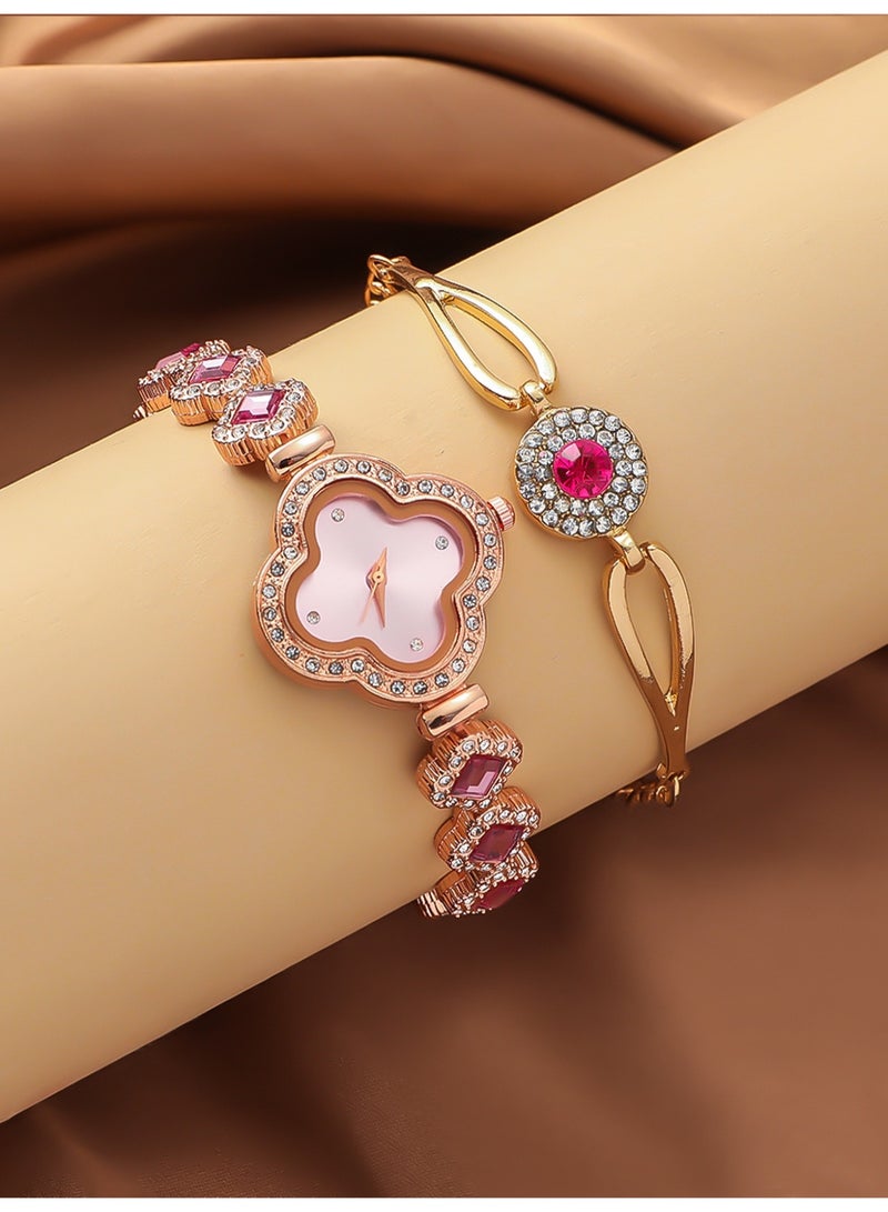 طقم ساعات نسائية فاخرة من أربع أوراق برسيم - ساعة كوارتز مرصعة بالألماس مع سوار وقلادة وأقراط متناسقة - صندوق هدايا أنيق - Image 2