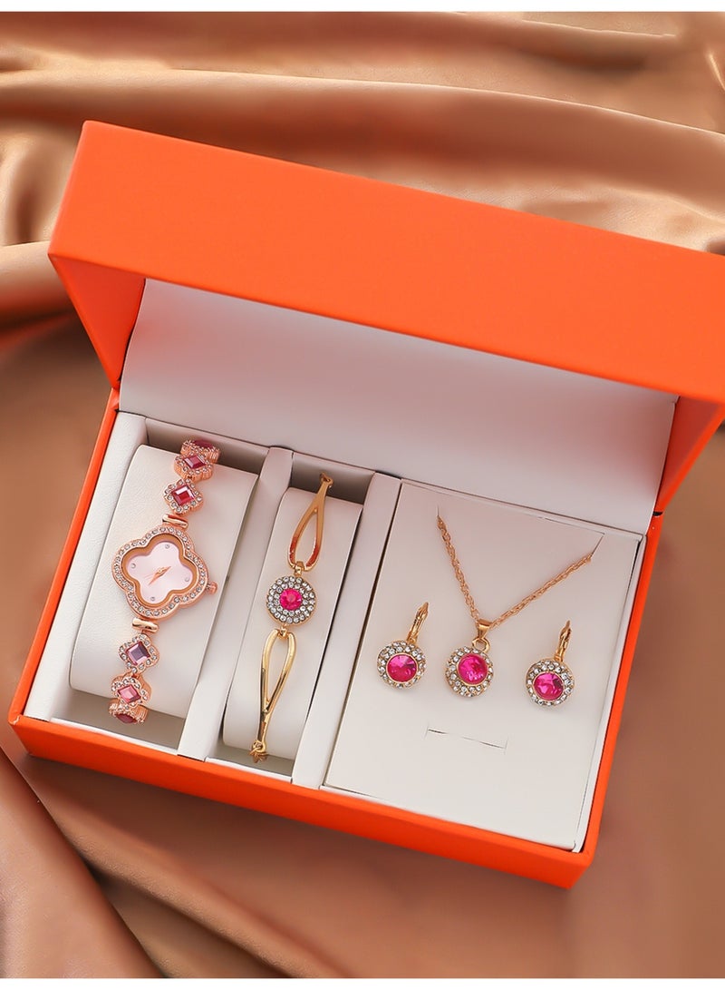 طقم ساعات نسائية فاخرة من أربع أوراق برسيم - ساعة كوارتز مرصعة بالألماس مع سوار وقلادة وأقراط متناسقة - صندوق هدايا أنيق - Image 1