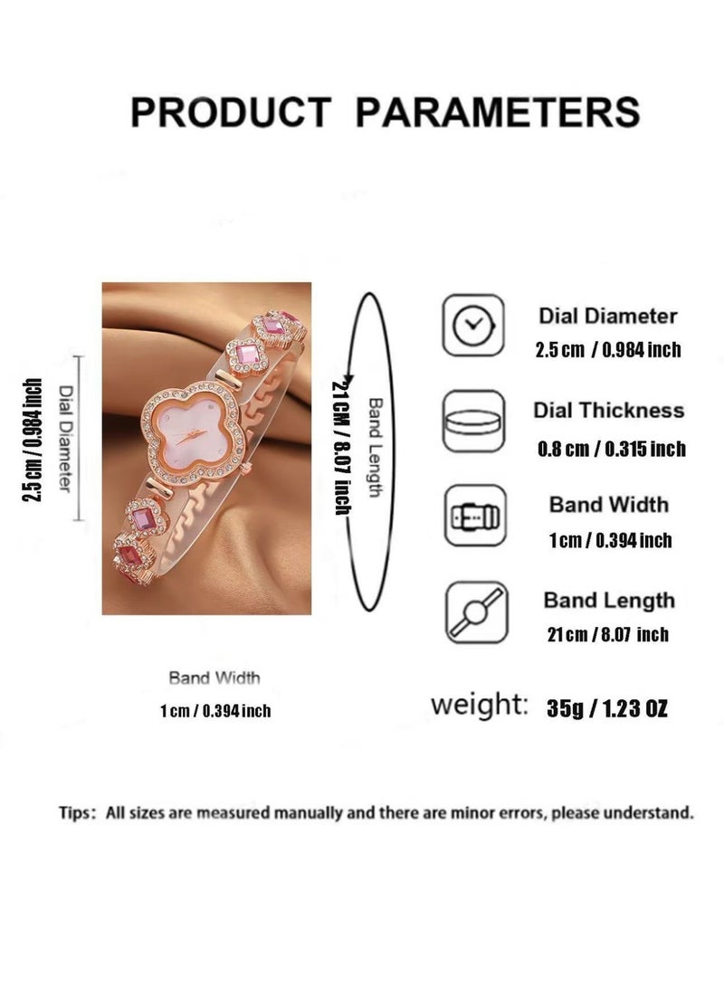 طقم ساعات نسائية فاخرة من أربع أوراق برسيم - ساعة كوارتز مرصعة بالألماس مع سوار وقلادة وأقراط متناسقة - صندوق هدايا أنيق - Image 5