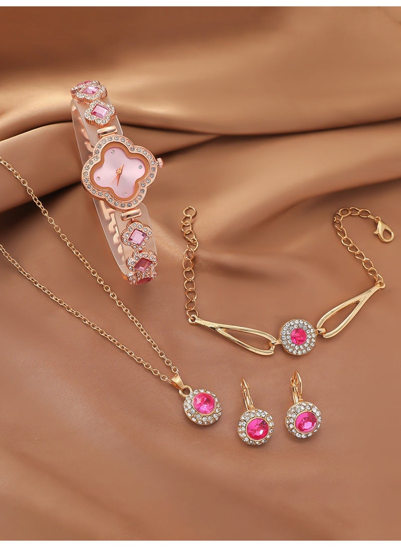 طقم ساعات نسائية فاخرة من أربع أوراق برسيم - ساعة كوارتز مرصعة بالألماس مع سوار وقلادة وأقراط متناسقة - صندوق هدايا أنيق - Image 4