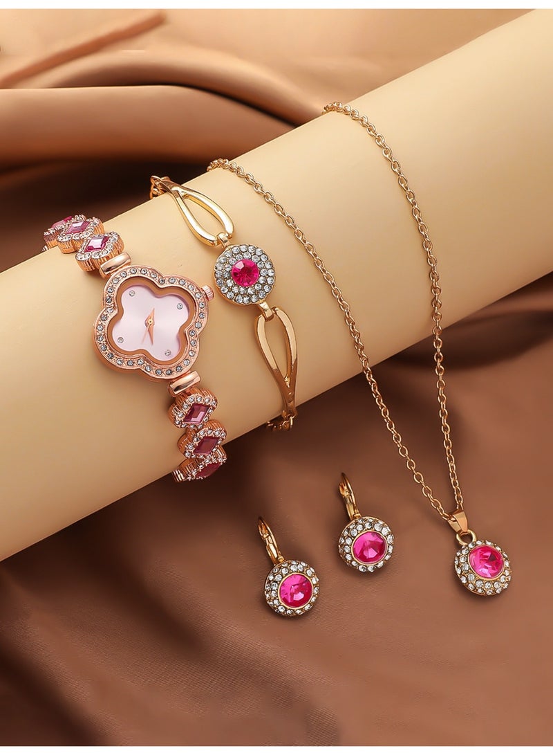 طقم ساعات نسائية فاخرة من أربع أوراق برسيم - ساعة كوارتز مرصعة بالألماس مع سوار وقلادة وأقراط متناسقة - صندوق هدايا أنيق - Image 3