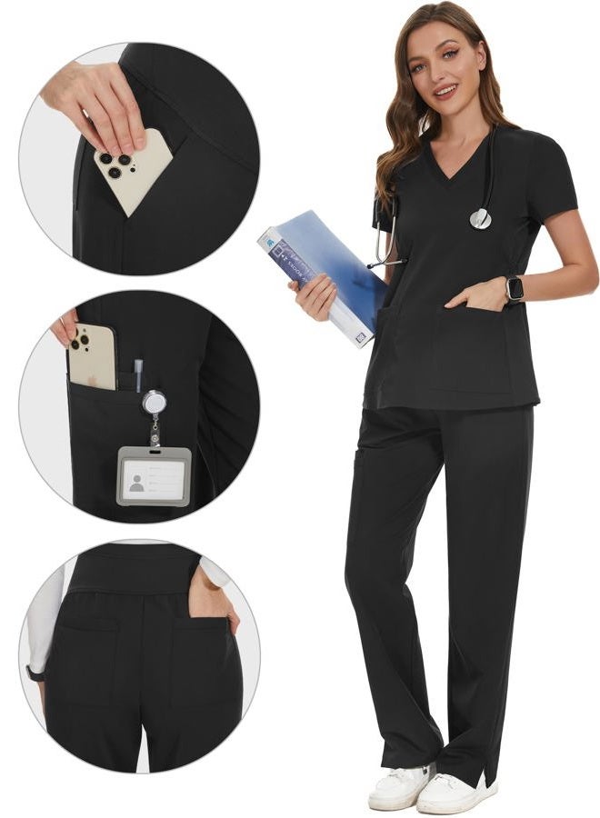 POSHGLAM Women's Maternity Scrubs Pant 6-Pocket Stretchy Comfy Workwear Casual Pregnancy Pants, S-XXL, B01 New Black, XL - Image 4
