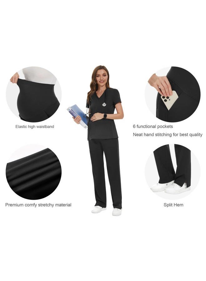 POSHGLAM Women's Maternity Scrubs Pant 6-Pocket Stretchy Comfy Workwear Casual Pregnancy Pants, S-XXL, B01 New Black, XL - Image 3