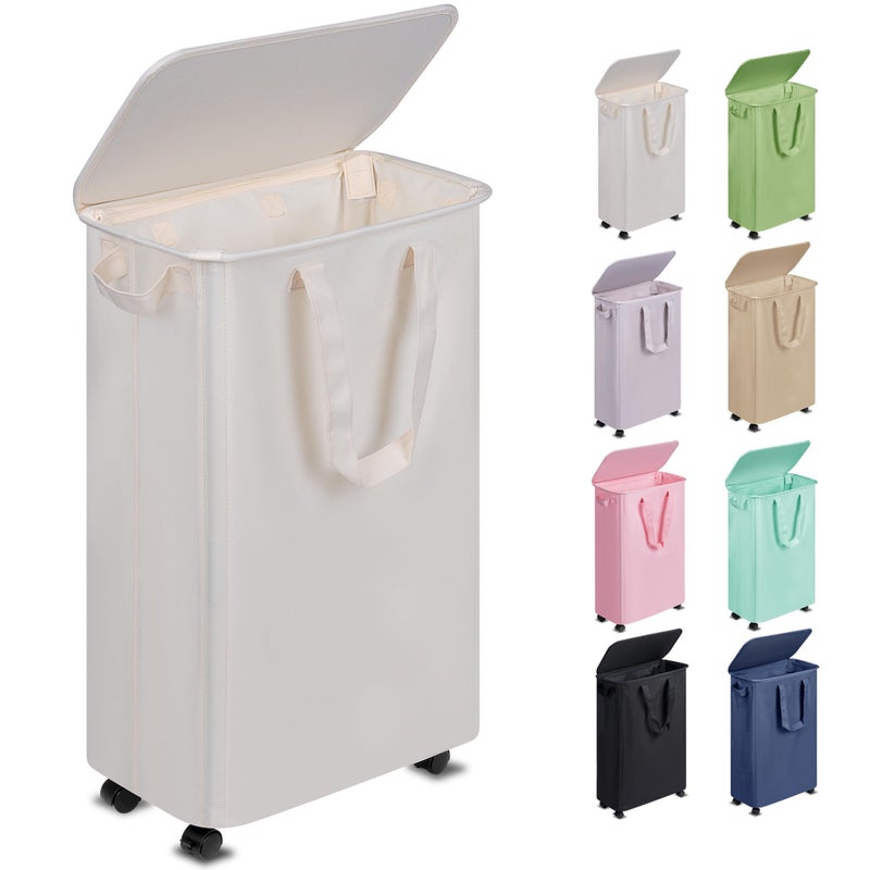 Vincona Slim Laundry Hamper with Lid and Wheels Small Rolling Laundry Basket with Handle for Small Spaces Tall Dirty Clothes Hampers for Dorm Bathroom and Bedroom 55L Beige