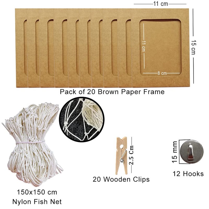 INFIPRISES Photo Hanging Display Fishing Net Picture Frame Wall Decoration Collage Photo Picture Frame with 20 Brown Hanging Display Paper Photo Frame and 20 Wooden Clothespins (Net Size: 150x150cm, Paper Frame Size: 8x11cm, Clip Size: 2.5cm) - Image 3