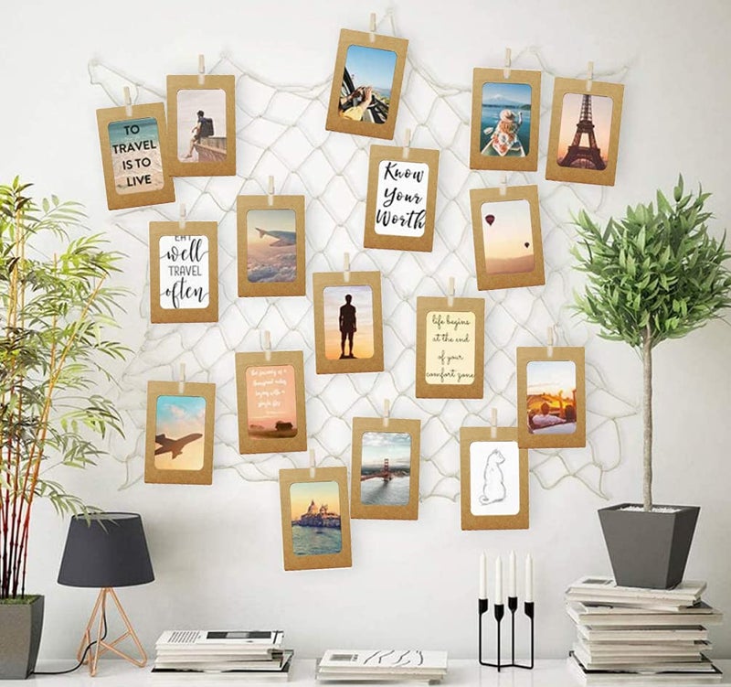 INFIPRISES Photo Hanging Display Fishing Net Picture Frame Wall Decoration Collage Photo Picture Frame with 20 Brown Hanging Display Paper Photo Frame and 20 Wooden Clothespins (Net Size: 150x150cm, Paper Frame Size: 8x11cm, Clip Size: 2.5cm) - Image 1