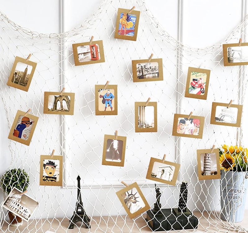 INFIPRISES Photo Hanging Display Fishing Net Picture Frame Wall Decoration Collage Photo Picture Frame with 20 Brown Hanging Display Paper Photo Frame and 20 Wooden Clothespins (Net Size: 150x150cm, Paper Frame Size: 8x11cm, Clip Size: 2.5cm) - Image 2