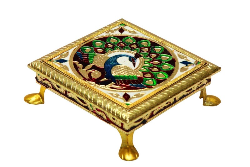 Tia Wooden Meenakari Pattar Thin Metal Covered Multi Purpose Chowki for Pooja Temple Multipurpose 1 6x6 Inch Approx - Image 1