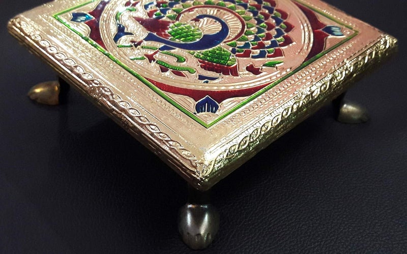 Tia Wooden Meenakari Pattar Thin Metal Covered Multi Purpose Chowki for Pooja Temple Multipurpose 1 6x6 Inch Approx - Image 5