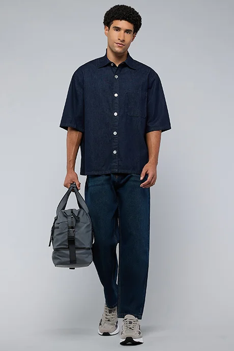 R&B Solid Denim Shirt with Classic Collar and Short Sleeves