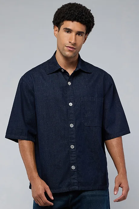 R&B Solid Denim Shirt with Classic Collar and Short Sleeves