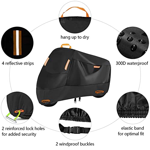 seceles 300D Heavy Duty Motorcycle Cover, SECELES All Season Durable Waterproof Outdoor Protection Scooter Cover 4 Reflective Tape Lock-Holes fits up to 86" Yamaha Honda Harley Suzuki (XXL: 86" x 37" x 50") - Image 3