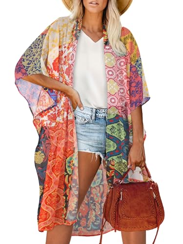 rosemia Sheer Caftan Kimono for Women Open Front Cover Ups for Swim Suit Bohemian Cardigan Duster 2026 (Multicolour Floral,M) - Image 1