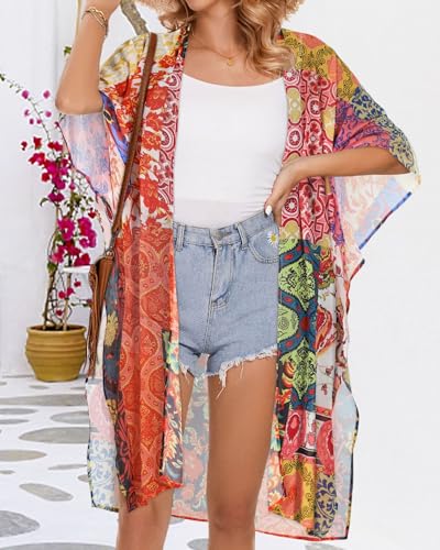 rosemia Sheer Caftan Kimono for Women Open Front Cover Ups for Swim Suit Bohemian Cardigan Duster 2026 (Multicolour Floral,M) - Image 2