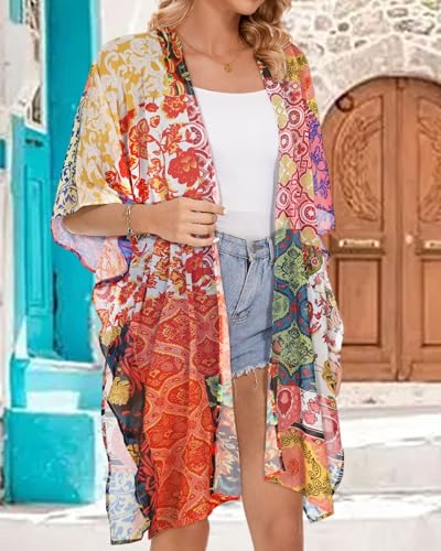 rosemia Sheer Caftan Kimono for Women Open Front Cover Ups for Swim Suit Bohemian Cardigan Duster 2026 (Multicolour Floral,M) - Image 4