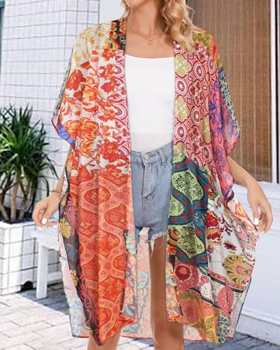 rosemia Sheer Caftan Kimono for Women Open Front Cover Ups for Swim Suit Bohemian Cardigan Duster 2026 (Multicolour Floral,M) - Image 5