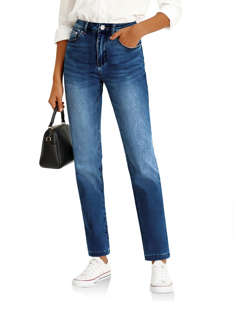 Cicy Bell Womens Straight Leg Jeans High Waisted Mid Rise Stretchy Denim Pants Tapered Petite Jeans Navy - Image 1