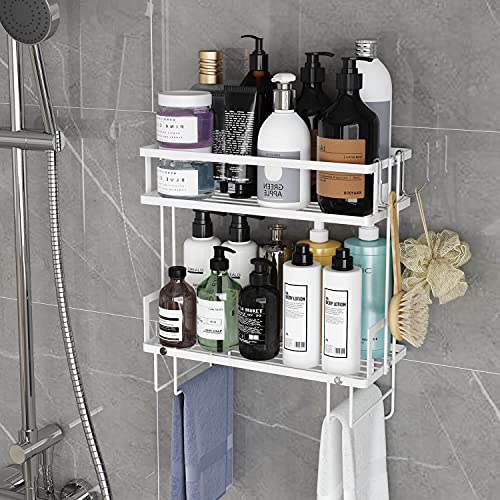 Godboat Bathroom Organizer - Over The Toilet Storage Cabinet, 2-Tier Floating Shelves, Wall Shelf with 2 Hooks & Paper Rack, Cool Accessories & Decor, Gifts for Women, Mothers Day (White) - Image 3