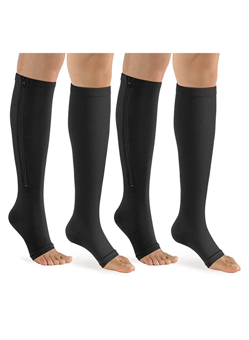 2 Pairs Compression Socks Open Toe Compression Stockings Knee High Socks with Zipper Compression Pantyhose 15-20mmHg for Improves Blood Circulation Prevents Leg Swelling (Black) - Image 1