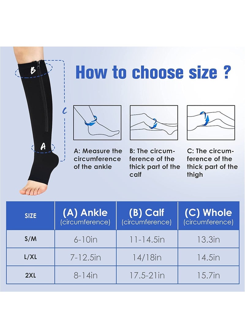 2 Pairs Compression Socks Open Toe Compression Stockings Knee High Socks with Zipper Compression Pantyhose 15-20mmHg for Improves Blood Circulation Prevents Leg Swelling (Black) - Image 4