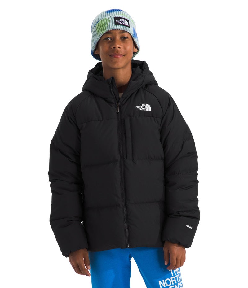 THE NORTH FACE Boys North Down Hooded Jacket Water Repellent 600 Fill Recycled Waterfowl Down Insulated Hood Secure Zip Pockets TNF Black XXLarge
