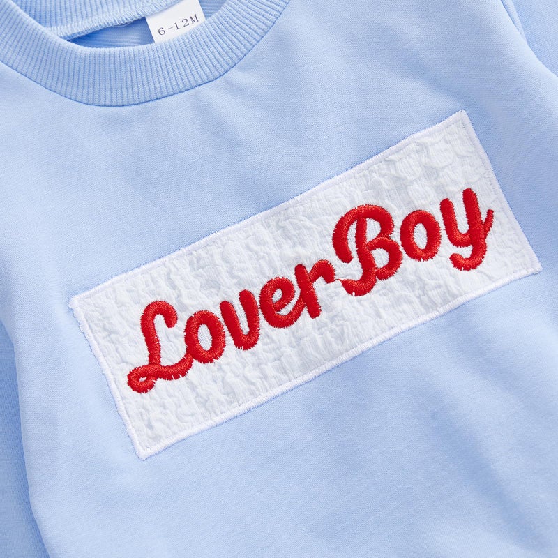 JLKGICF Toddler Boy Valentines Outfit Letters Embroidery Pullover Plaid Pants Lover Boy Baby Outfit Baby Spring Clothes (Blue Love boy, 6-12 Months) - Image 5