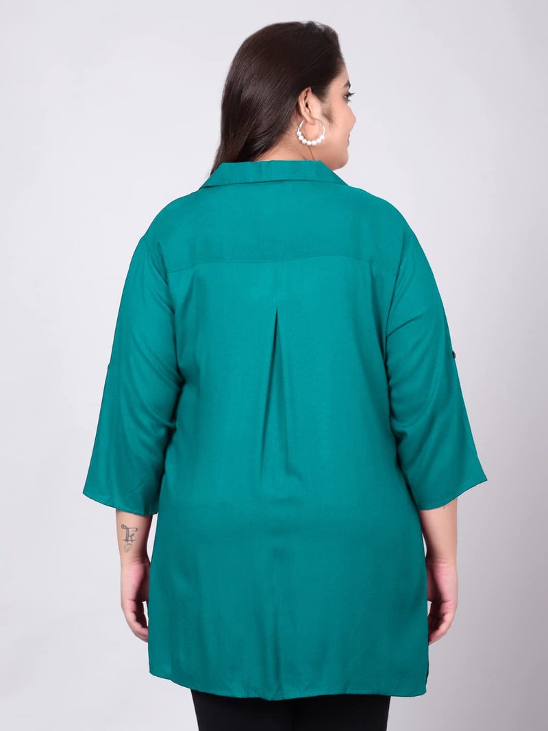 Indietoga Women's Plus Size Rayon Longline Casual Regular Fit Shirts (P10001379_Blue Solid_3Xl) - Image 4