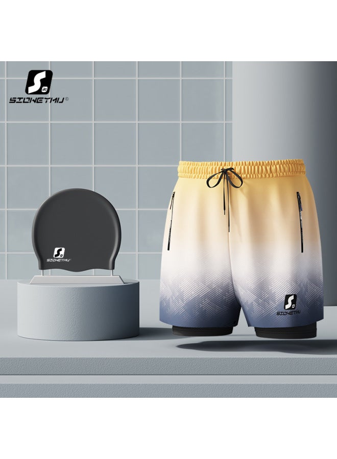Men's Swim Trunks with Swim Cap Set, Comfortable Quick-Dry Large Size Adult Swimwear