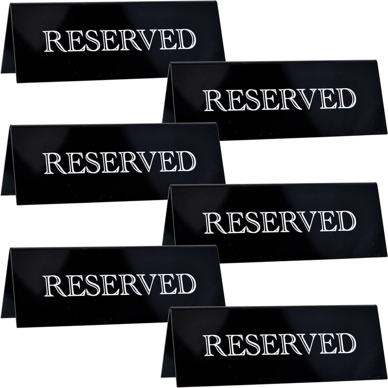JINMURY 6 Pieces Acrylic Reserved Table Sign- 7.9 x 2.7 Inches Guest Reservation Table Tent Sign Black Acrylic Reserve Seating Signs with White Letters, Reserved Sign for Wedding Event Restaurant Tabletop - Image 1