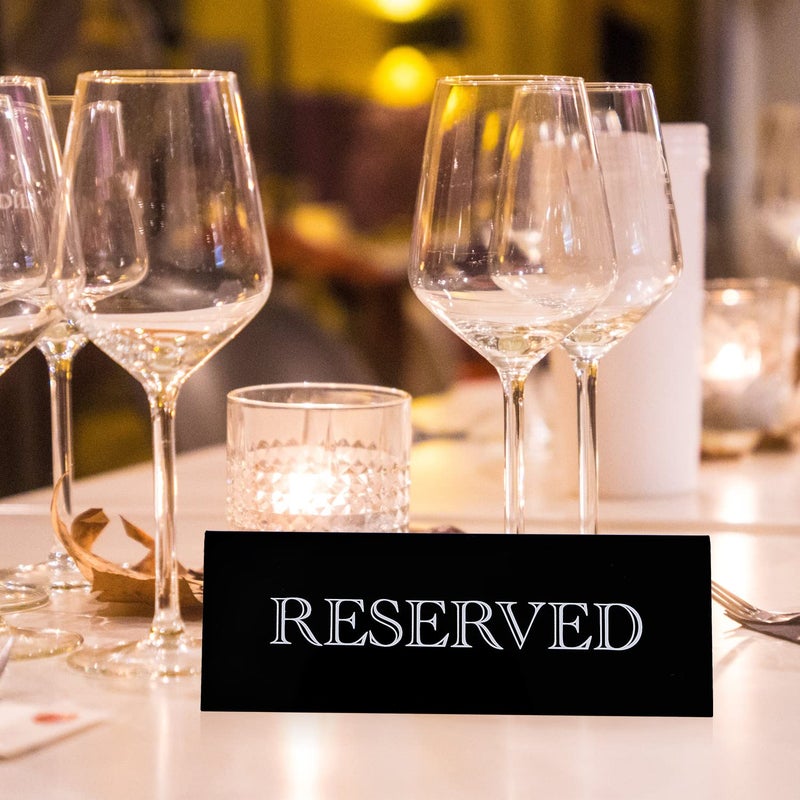 JINMURY 6 Pieces Acrylic Reserved Table Sign- 7.9 x 2.7 Inches Guest Reservation Table Tent Sign Black Acrylic Reserve Seating Signs with White Letters, Reserved Sign for Wedding Event Restaurant Tabletop - Image 4