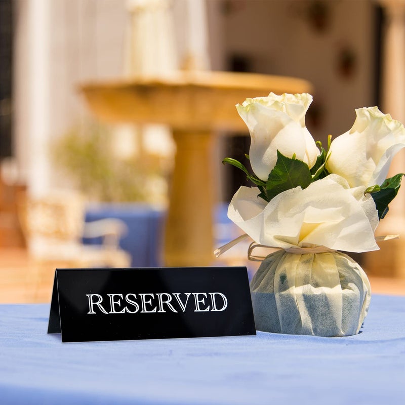 JINMURY 6 Pieces Acrylic Reserved Table Sign- 7.9 x 2.7 Inches Guest Reservation Table Tent Sign Black Acrylic Reserve Seating Signs with White Letters, Reserved Sign for Wedding Event Restaurant Tabletop - Image 5