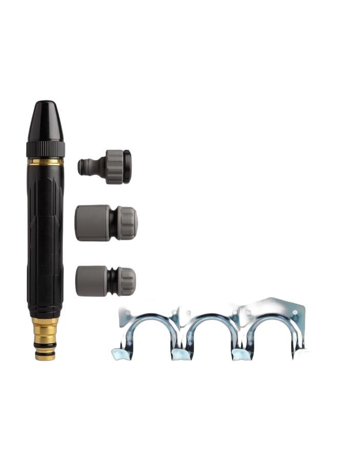 مجموعة طقم عبارة عن راس مسدس بخاخ ماء و خطاف معدني بخاخ الماء متوافق مع خرطوم الماء نصف بوصه مع 3 قسمات دفع قوي و ضغط عالي تصميم مريح لقبضة اليد مناسب لغسيل المنزل و النوافذ و السيارة او سطح السفينة او ري الحديقة او المزارعه او الشالية مناسب للمنزل و المزارع او مغسلة السيارات او في امكان العمل الانشائي لون اسود و الخطاف المعدني 3 قطع هوك خطاف تعليق معدني شديد التحمل مزدوج مع مسامير لتثبيت مصنوع من الحديد المجلفن القوي المتين المقاوم للصداء لون فضي مصممه هذا الخطاف على شكل حرف U لتتحمل تخزين و تنظيم و تعليق الادوات الكبيرة و الثقيلة  ايضا انحنا الخطاف من الامام يساعد على منع انزلاق الادوات و ثباتها لسنوات من الاستخدام و صعوبة في ثني او تشويه انحناء الخطاف حتى اقصي وزن تحمل الذي يصل لحد اقصى 10 كيلو مناسبة للجراج او في الحديقة وظيفته تحمل تعليق ادوات الحدائق الثقيلة مثل المجارف و المكانس و الفؤوس و الاسلاك و خراطيم الماء و السلالم و ادوات العده و اثقال التمارين و الدرجات مثالية للتعليق و التنظيم تستخدم في الحديقة و الشرفة و المرآب و الورش و المخازن و الاندية الرياضية و الحظائر - Image 1