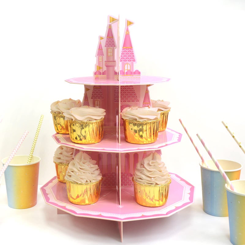 KALEFO Princess Party Supplies 3 Tier Cupcake Stand Girl Birthday Decorations Pink Castle Cake Treat Table Decor(Princess) - Image 3