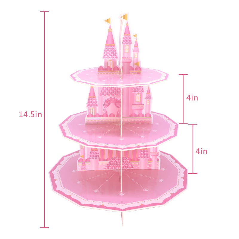 KALEFO Princess Party Supplies 3 Tier Cupcake Stand Girl Birthday Decorations Pink Castle Cake Treat Table Decor(Princess) - Image 4