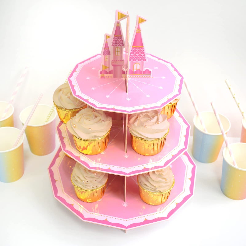 KALEFO Princess Party Supplies 3 Tier Cupcake Stand Girl Birthday Decorations Pink Castle Cake Treat Table Decor(Princess) - Image 5