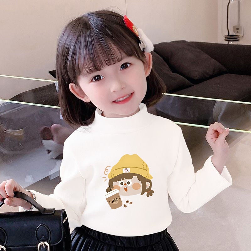 Girls' Semi-High Collar Velvet Casual Long-Sleeved T-Shirt Autumn New Arrival Medium And Large Children'S Wear Cartoon Printed Western Style Girls' Trendy T-Shirt - Image 1